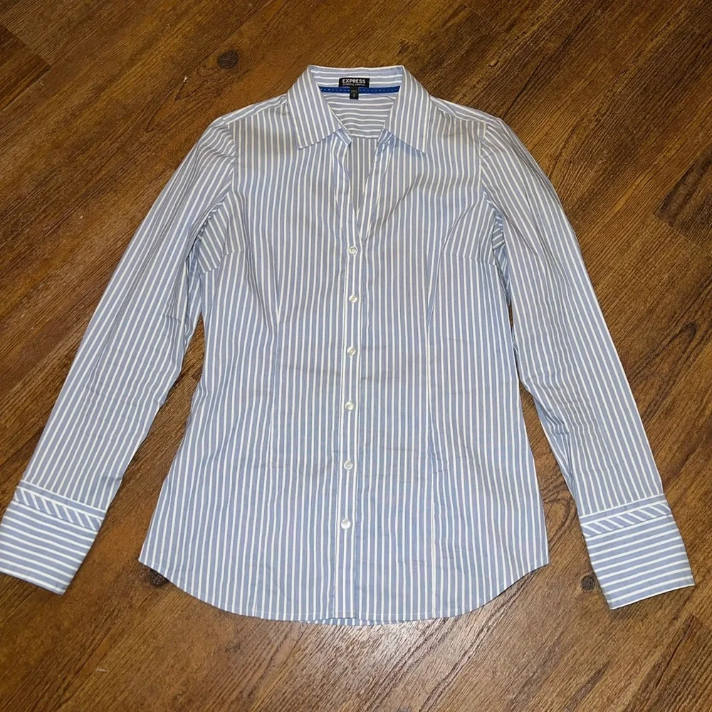 Express Blue & White Striped Button Up Stretch Long Sleeve Shirt Size M - Picture 7 of 10